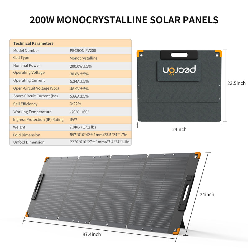 PECRON PV200 200W Portable Solar Panel — IP67 Waterproof